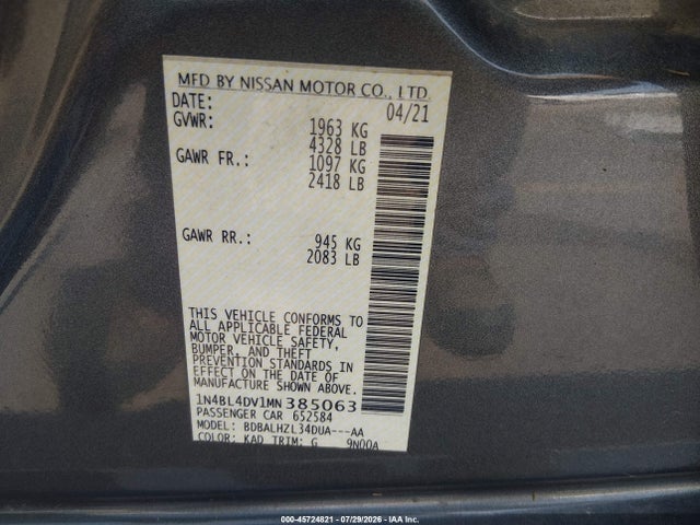 Продажа на аукционе авто 2021 Nissan Altima Sv Fwd, vin: 1N4BL4DV1MN385063, номер лота: 45724821
