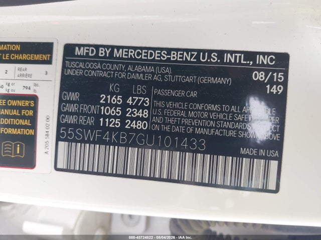 45724822 :رقم المزاد ، 55SWF4KB7GU101433 vin ، 2016 Mercedes-benz C 300 4matic مزاد بيع