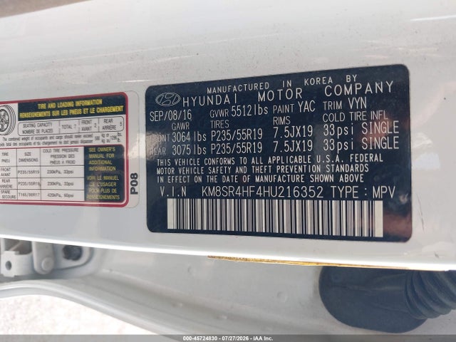 Продаж на аукціоні авто 2017 Hyundai Santa Fe Se Ultimate, vin: KM8SR4HF4HU216352, номер лоту: 45724830