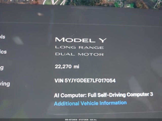Продажа на аукционе авто 2020 Tesla Model Y Long Range Dual Motor All-wheel Drive, vin: 5YJYGDEE7LF017054, номер лота: 45724838