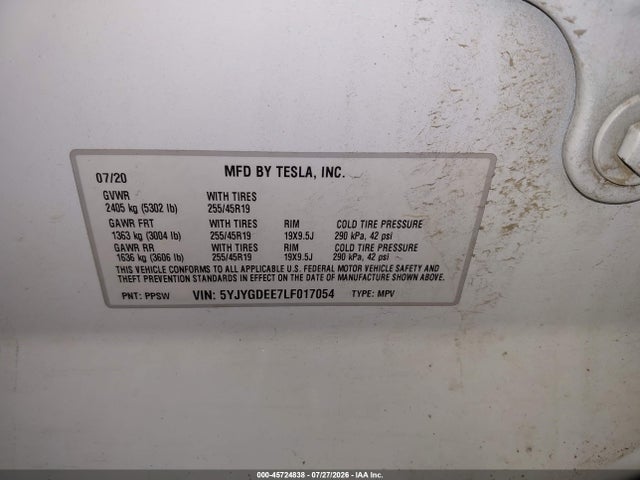 Продажа на аукционе авто 2020 Tesla Model Y Long Range Dual Motor All-wheel Drive, vin: 5YJYGDEE7LF017054, номер лота: 45724838