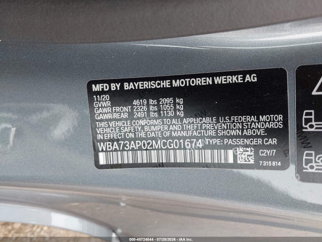 2021 Bmw 430i Xdrive მანქანა იყიდება აუქციონზე, vin: WBA73AP02MCG01674, აუქციონის ნომერი: 45724844