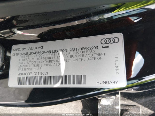 2016 Audi A3 2.0t Premium მანქანა იყიდება აუქციონზე, vin: WAUB8GFF1G1115553, აუქციონის ნომერი: 45724850