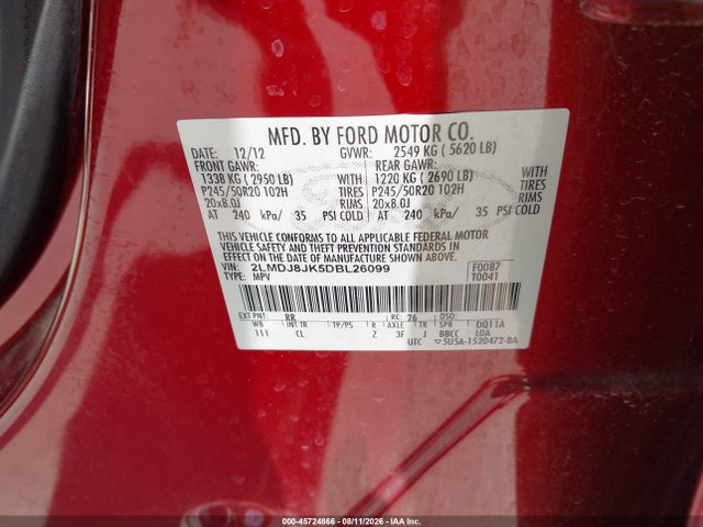 Продажа на аукционе авто 2013 Lincoln Mkx, vin: 2LMDJ8JK5DBL26099, номер лота: 45724866