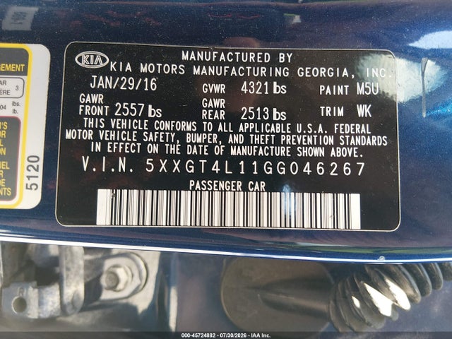 45724882 :رقم المزاد ، 5XXGT4L11GG046267 vin ، 2016 Kia Optima Lx Turbo مزاد بيع