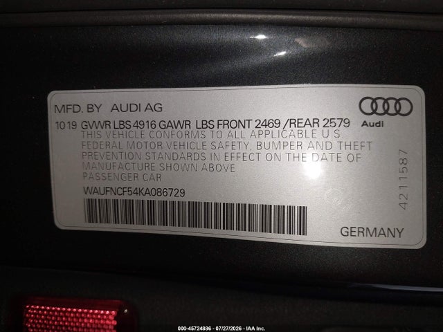 Aukcja sprzedaży 2019 Audi A5 45 Premium, vin: WAUFNCF54KA086729, numer aukcji: 45724886