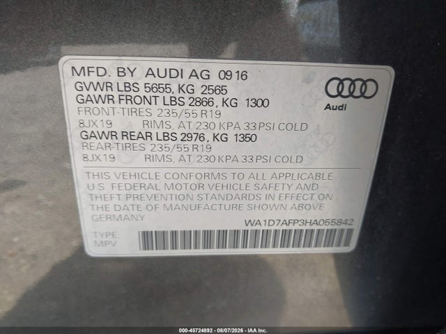 Продаж на аукціоні авто 2017 Audi Q5 3.0t Premium Plus, vin: WA1D7AFP3HA055842, номер лоту: 45724892