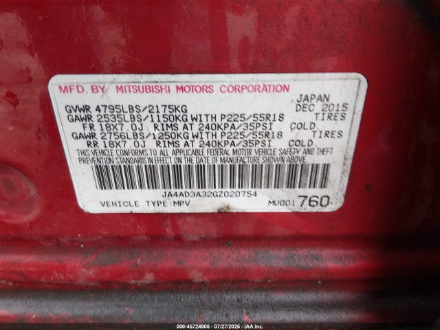 Aukcja sprzedaży 2016 Mitsubishi Outlander Sel, vin: JA4AD3A32GZ020754, numer aukcji: 45724908