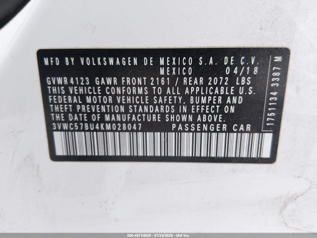 45724920 :رقم المزاد ، 3VWC57BU4KM028047 vin ، 2019 Volkswagen Jetta 1.4t R-line/1.4t S/1.4t Se مزاد بيع