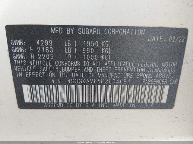 45724960 :رقم المزاد ، 4S3GKAV65P3604681 vin ، 2023 Subaru Impreza Premium مزاد بيع