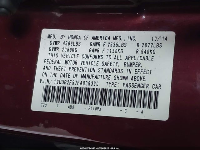 Продаж на аукціоні авто 2015 Acura Tlx V6 Tech, vin: 19UUB2F57FA009390, номер лоту: 45724995