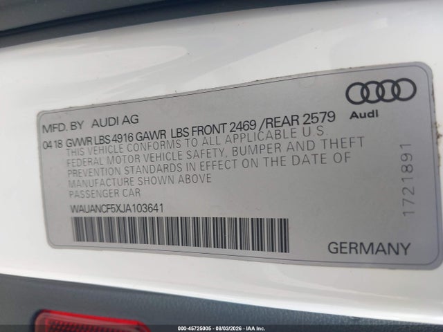 Aukcja sprzedaży 2018 Audi A5 2.0t Premium, vin: WAUANCF5XJA103641, numer aukcji: 45725005