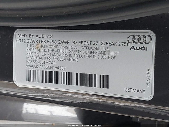 45725033 :رقم المزاد ، WAUGGAFC6CN154282 vin ، 2012 Audi A6 3.0t Premium Plus مزاد بيع