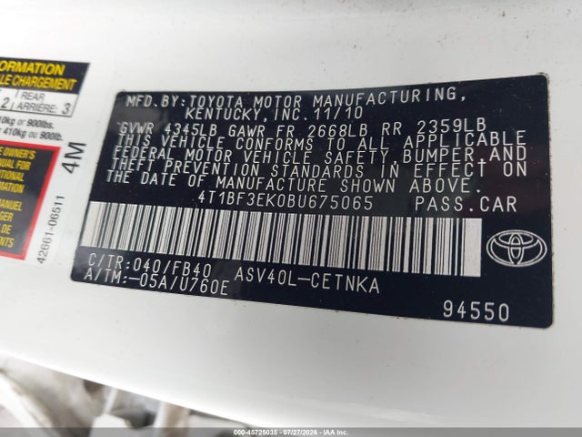 2011 Toyota Camry Le მანქანა იყიდება აუქციონზე, vin: 4T1BF3EK0BU675065, აუქციონის ნომერი: 45725035