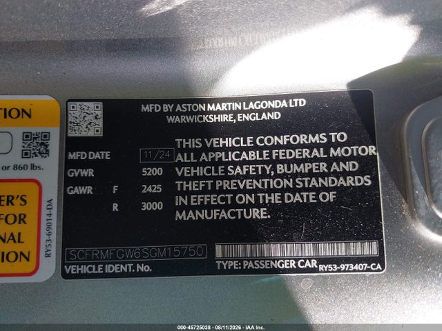 SCFRMFGW6SGM15750 Aston Martin Db12 Volante