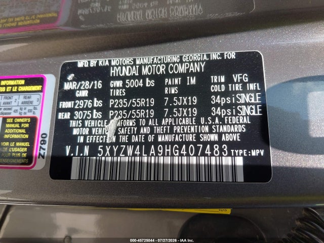 Продажа на аукционе авто 2017 Hyundai Santa Fe Sport 2.0t Ultimate, vin: 5XYZW4LA9HG407483, номер лота: 45725044