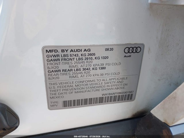 Продаж на аукціоні авто 2021 Audi Sq5 Premium Plus Tfsi Quattro Tiptronic, vin: WA1B4AFY0M2001587, номер лоту: 45725046