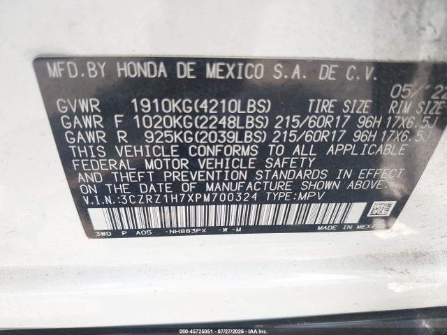 Продажа на аукционе авто 2023 Honda Hr-v 2wd Ex-l, vin: 3CZRZ1H7XPM700324, номер лота: 45725051