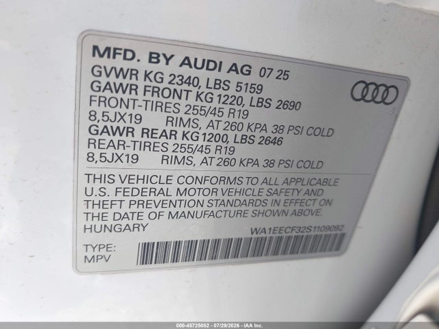 45725052 :رقم المزاد ، WA1EECF32S1109092 vin ، 2025 Audi Q3 Premium 45 Tfsi S Line Quattro Tiptronic مزاد بيع