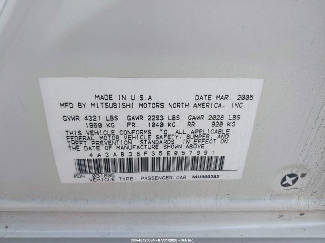 2005 Mitsubishi Galant Es/se მანქანა იყიდება აუქციონზე, vin: 4A3AB36F35E057991, აუქციონის ნომერი: 45725084