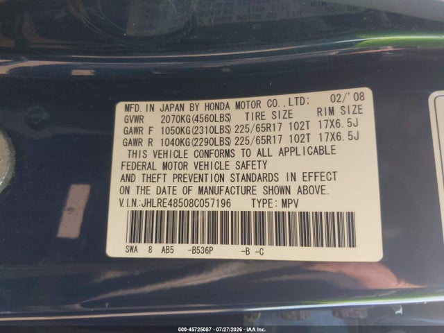 2008 Honda Cr-v Ex მანქანა იყიდება აუქციონზე, vin: JHLRE48508C057196, აუქციონის ნომერი: 45725087