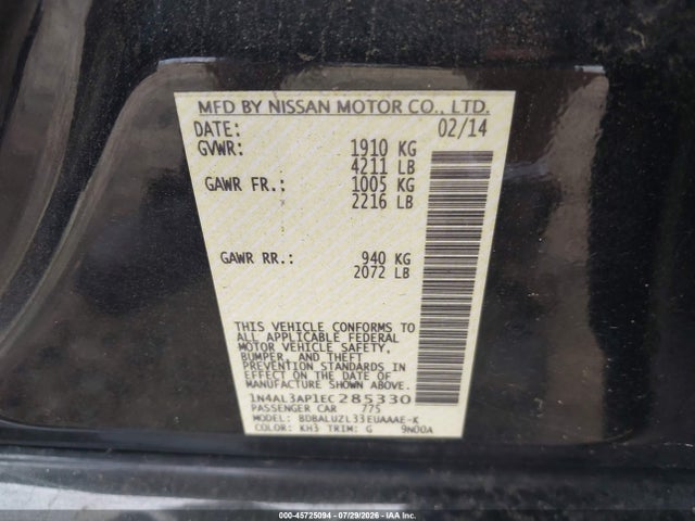 Aukcja sprzedaży 2014 Nissan Altima 2.5 Sv, vin: 1N4AL3AP1EC285330, numer aukcji: 45725094