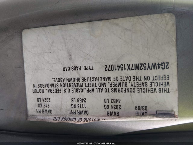 1999 Buick Century Limited მანქანა იყიდება აუქციონზე, vin: 2G4WY52M7X1541072, აუქციონის ნომერი: 45725103