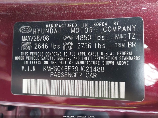 Продаж на аукціоні авто 2009 Hyundai Genesis 3.8, vin: KMHGC46E39U021488, номер лоту: 45725107