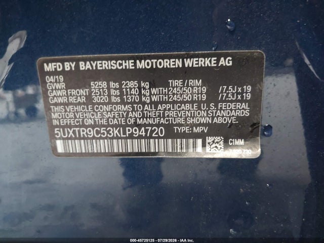 2019 Bmw X3 Xdrive30i მანქანა იყიდება აუქციონზე, vin: 5UXTR9C53KLP94720, აუქციონის ნომერი: 45725125