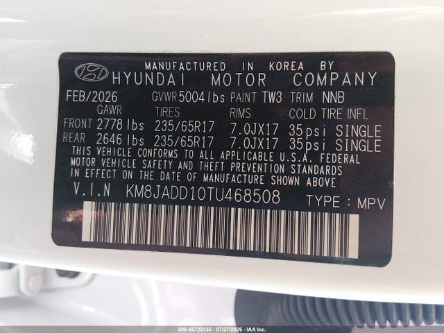 Auction sale of the 2026 Hyundai Tucson Hybrid Blue Se, vin: KM8JADD10TU468508, lot number: 45725135