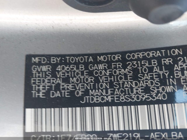 2025 Toyota Corolla Hybrid Le მანქანა იყიდება აუქციონზე, vin: JTDBCMFE8S3095340, აუქციონის ნომერი: 45725136
