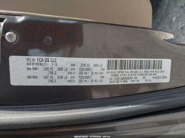 2016 Chrysler Town & Country Touring მანქანა იყიდება აუქციონზე, vin: 2C4RC1BG2GR293754, აუქციონის ნომერი: 45725137