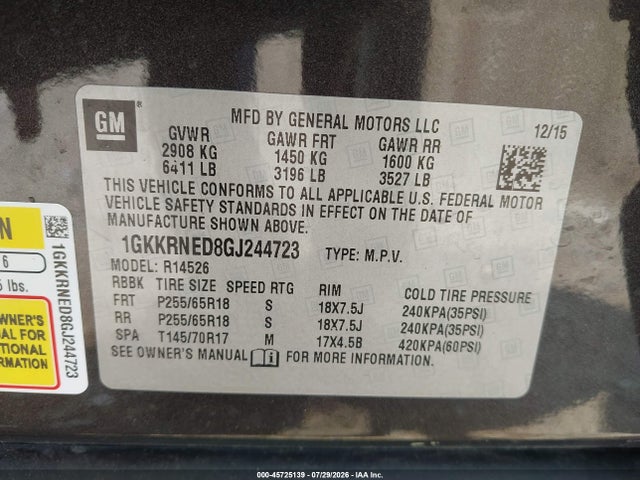 Продажа на аукционе авто 2016 Gmc Acadia Sle-1, vin: 1GKKRNED8GJ244723, номер лота: 45725139