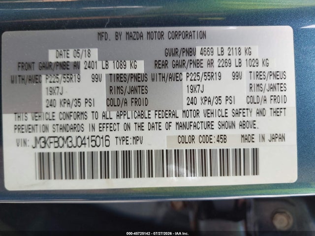 Auction sale of the 2018 Mazda Cx-5 Touring, vin: JM3KFBCM3J0415016, lot number: 45725142