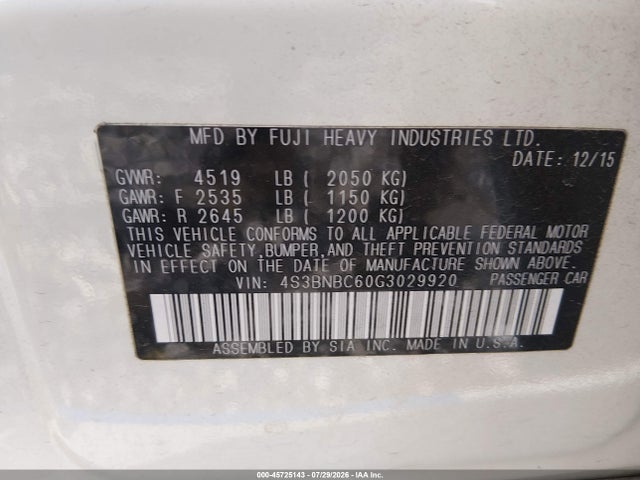 45725143 :رقم المزاد ، 4S3BNBC60G3029920 vin ، 2016 Subaru Legacy 2.5i Premium مزاد بيع