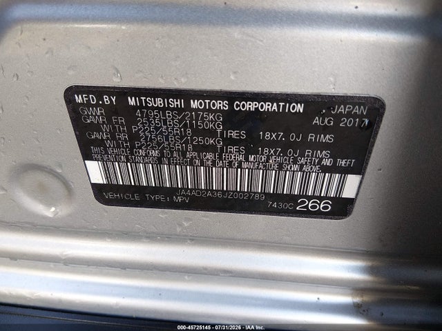 Продаж на аукціоні авто 2018 Mitsubishi Outlander Es, vin: JA4AD2A36JZ002789, номер лоту: 45725145