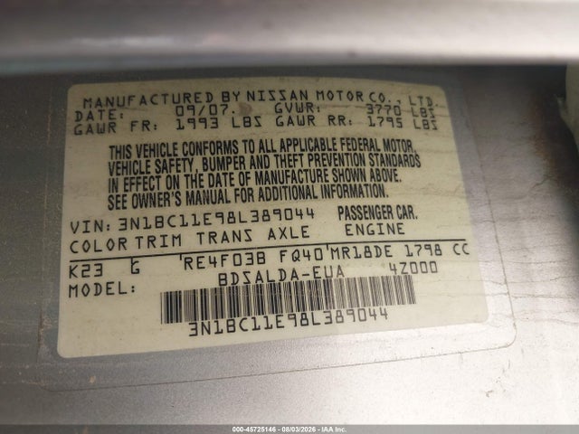 45725146 :رقم المزاد ، 3N1BC11E98L389044 vin ، 2008 Nissan Versa 1.8s مزاد بيع