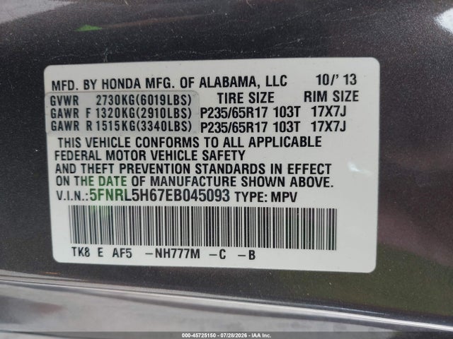 Honda Odyssey Ex-l 2014 5FNRL5H67EB045093 Image 9
