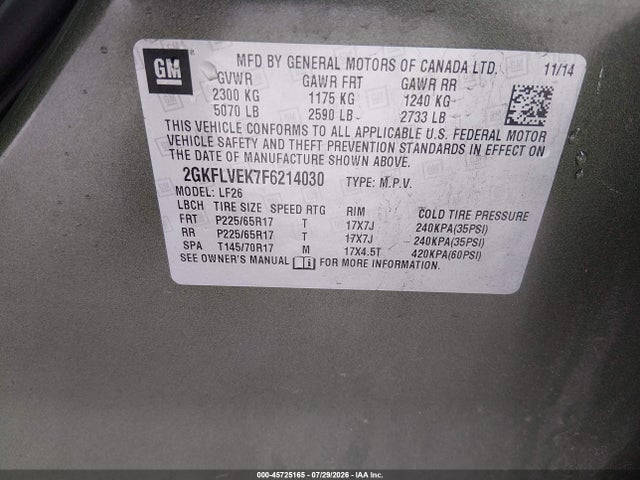 Aukcja sprzedaży 2015 Gmc Terrain Sle-1, vin: 2GKFLVEK7F6214030, numer aukcji: 45725165