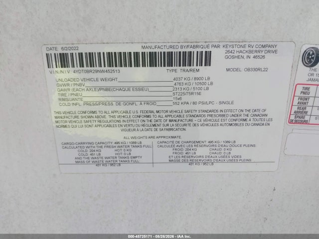Продажа на аукционе авто 2022 Keystone Outback, vin: 4YDT0BR29NW452513, номер лота: 45725171