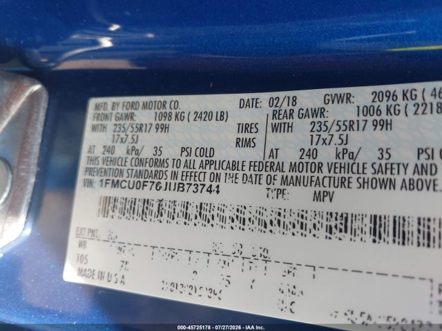 Aukcja sprzedaży 2018 Ford Escape S, vin: 1FMCU0F76JUB73744, numer aukcji: 45725178