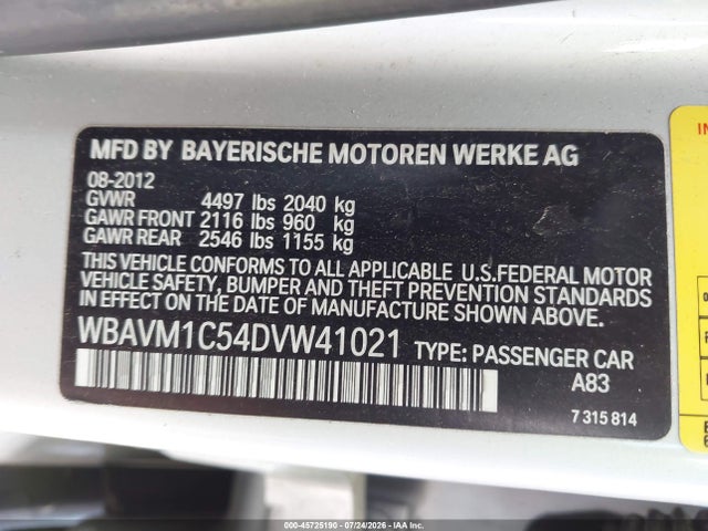 45725190 :رقم المزاد ، WBAVM1C54DVW41021 vin ، 2013 Bmw X1 Sdrive28i مزاد بيع