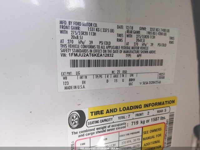 45725193 :رقم المزاد ، 1FMJU2AT6KEA12832 vin ، 2019 Ford Expedition Limited مزاد بيع