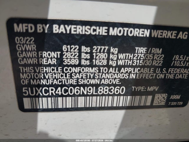 Продаж на аукціоні авто 2022 Bmw X5 Sdrive40i, vin: 5UXCR4C06N9L88360, номер лоту: 45725195