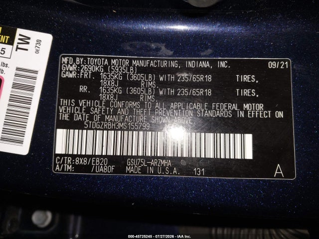 Продажа на аукционе авто 2021 Toyota Highlander Xle, vin: 5TDGZRBH3MS155799, номер лота: 45725245