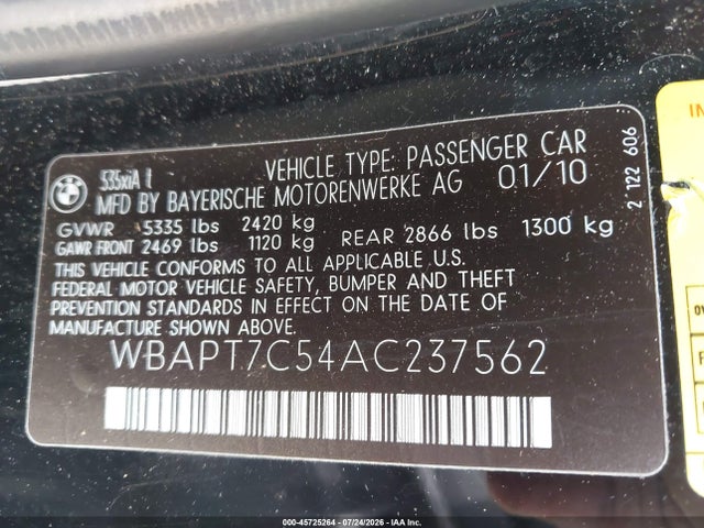 45725264 :رقم المزاد ، WBAPT7C54AC237562 vin ، 2010 Bmw 535i Xdrive مزاد بيع