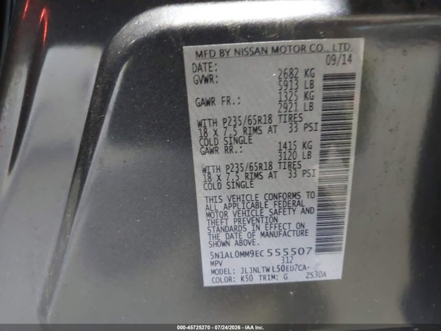 Aukcja sprzedaży 2014 Infiniti Qx60, vin: 5N1AL0MM9EC555507, numer aukcji: 45725270