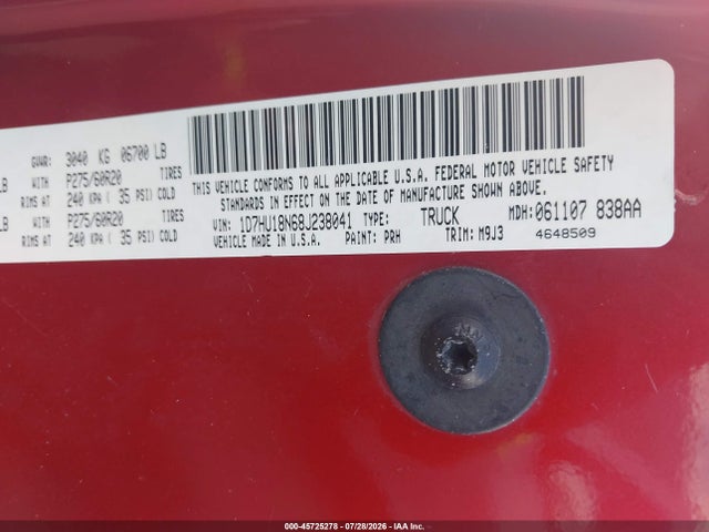 45725278 :رقم المزاد ، 1D7HU18N68J238041 vin ، 2008 Dodge Ram 1500 Slt مزاد بيع