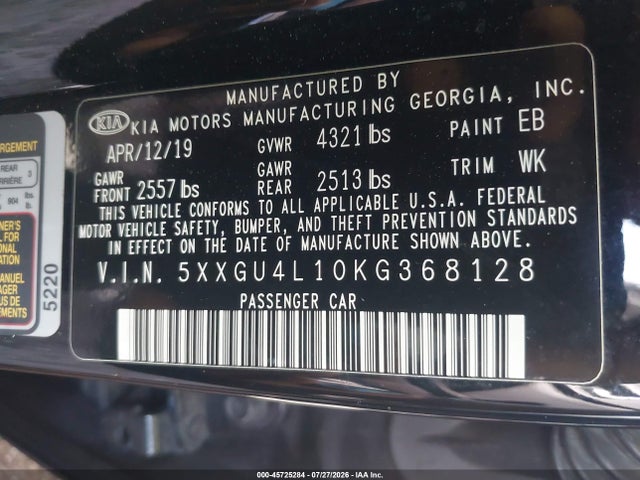 Продажа на аукционе авто 2019 Kia Optima Ex, vin: 5XXGU4L10KG368128, номер лота: 45725284