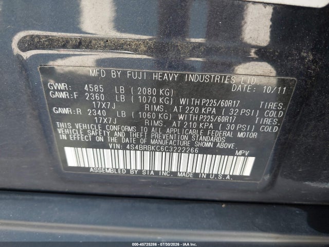45725286 :رقم المزاد ، 4S4BRBKC6C3222266 vin ، 2012 Subaru Outback 2.5i Limited مزاد بيع
